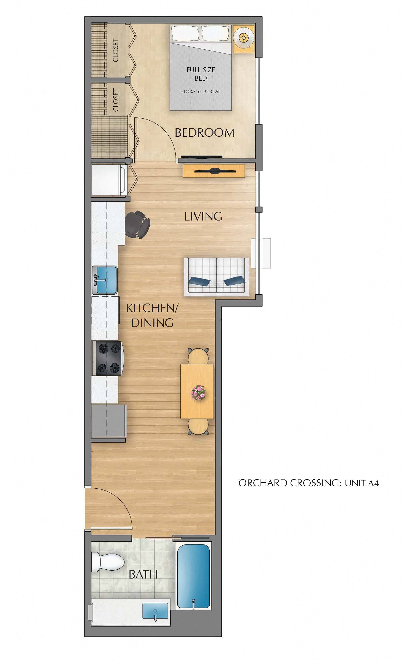Floor plan for 1 bed, 1 bath, 502 sqft